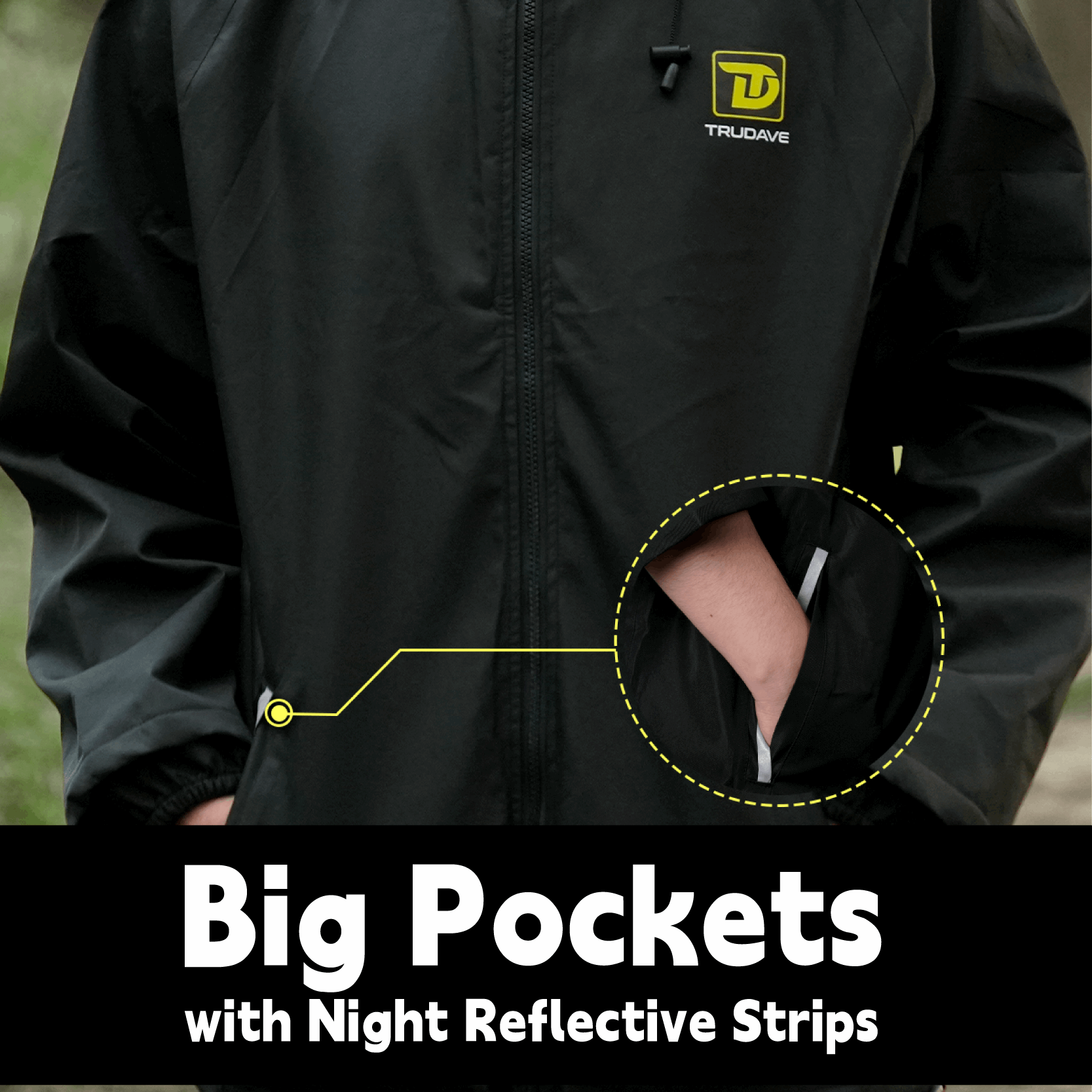 Trudave TrailBlaze Series Men’s Waterproof Rain Suit pocket close-up showing big storage pockets with night reflective strips for enhanced visibility and outdoor safety